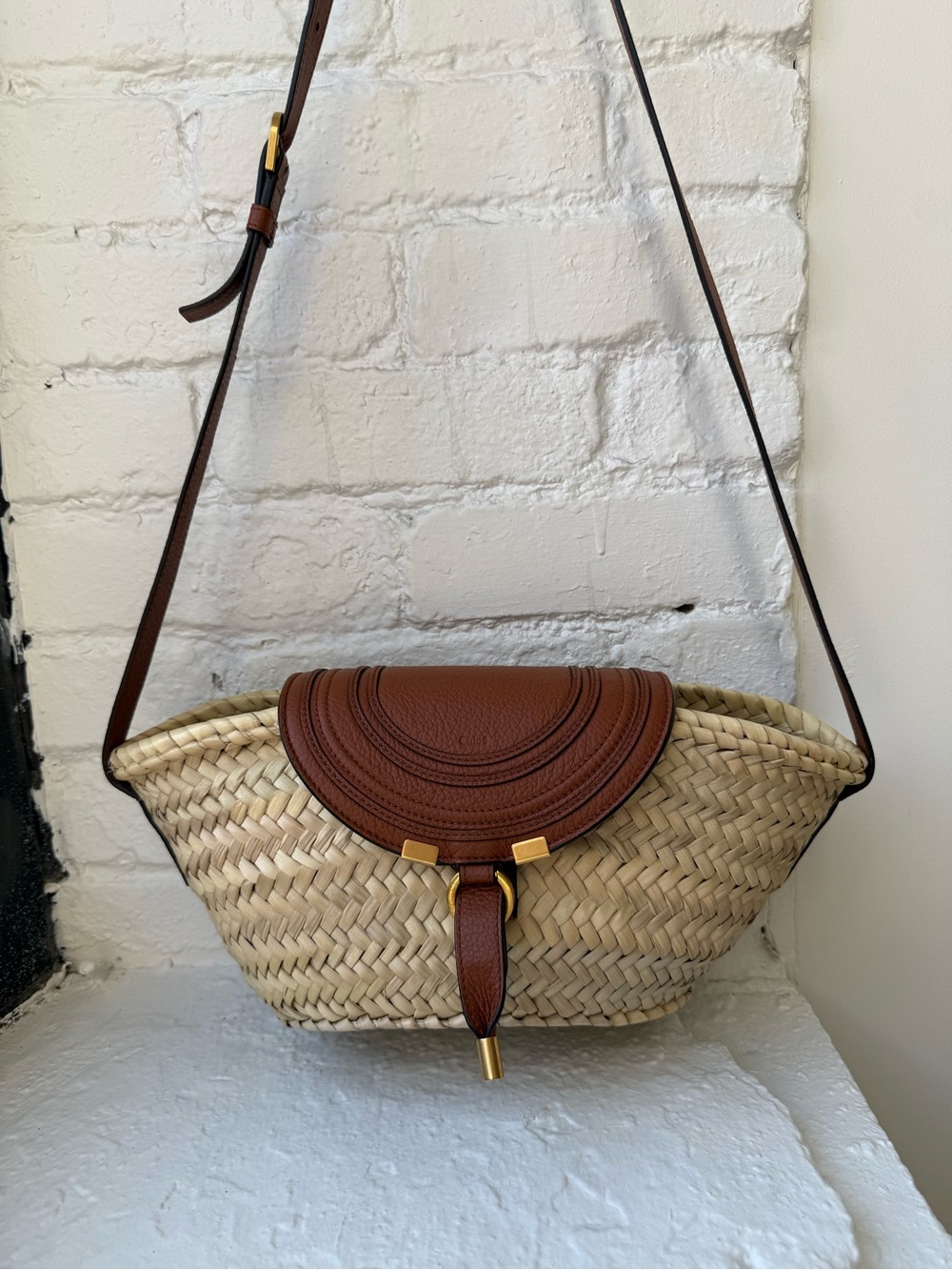 Chloe Brown Leather & Natural Straw Crossbody Bag